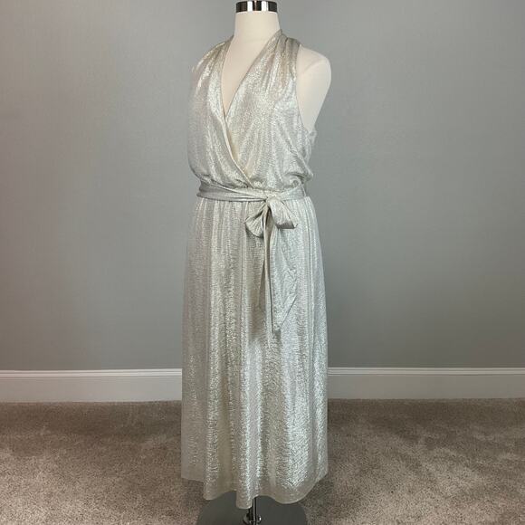 Ralph Lauren Gold Metallic Halter Wrap Cocktail Dress Sleeveless Women’s 16 - Picture 4 of 12